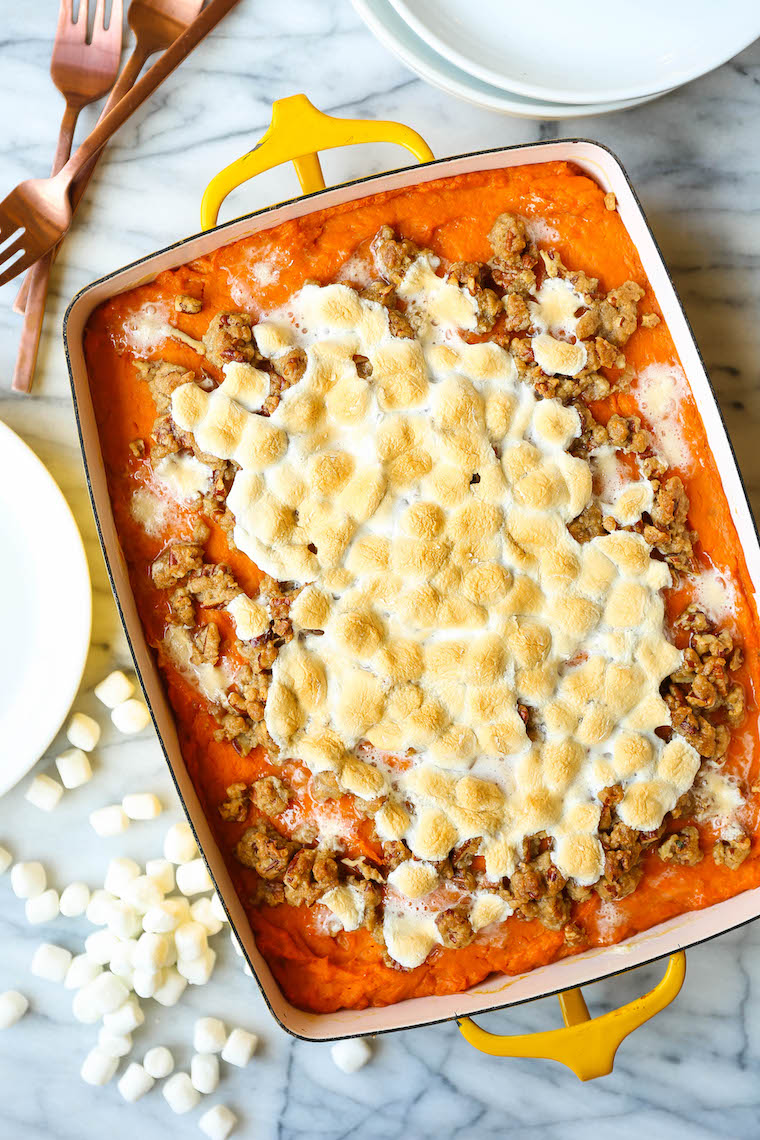 Instant Pot Sweet Potato Casserole - Make this ahead of time! Bake when ready to serve with toasted marshmallows and pecan streusel topping!
