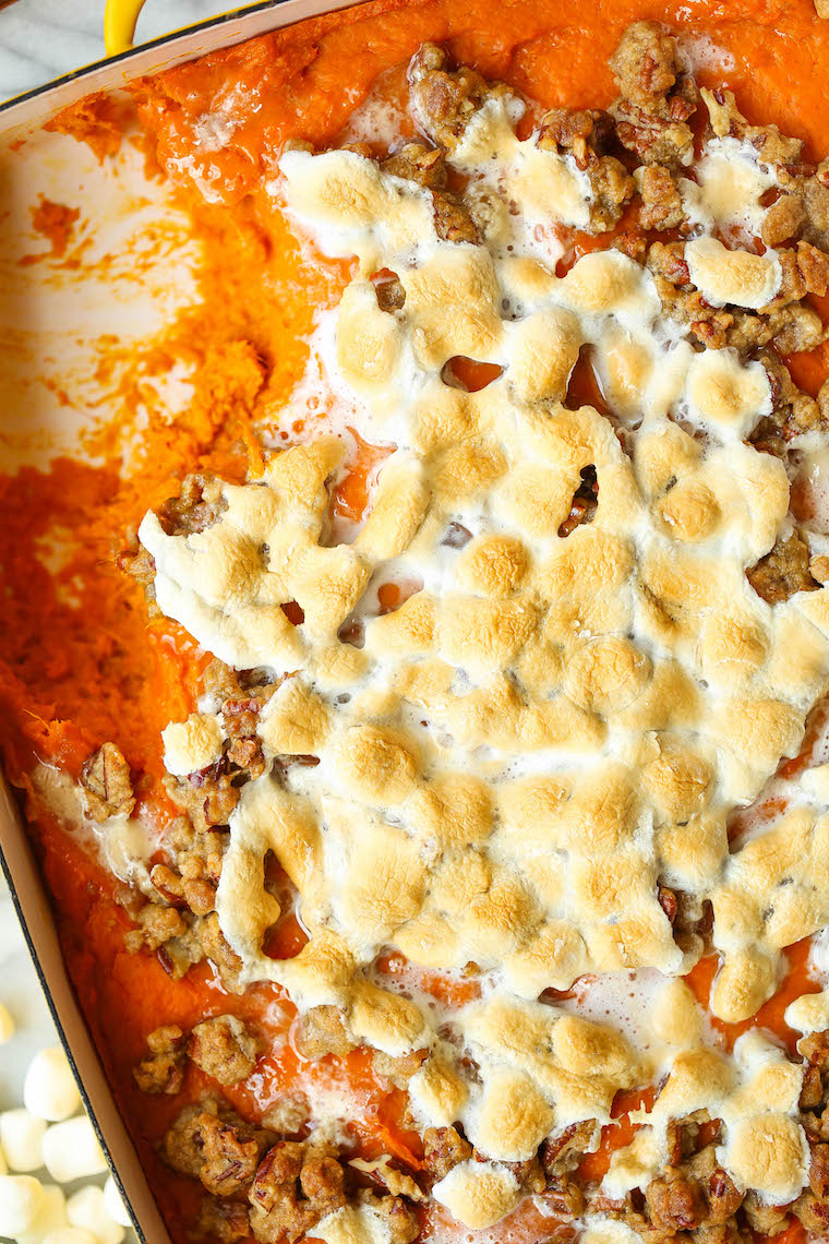 Instant Pot Sweet Potato Casserole - Make this ahead of time! Bake when ready to serve with toasted marshmallows and pecan streusel topping!