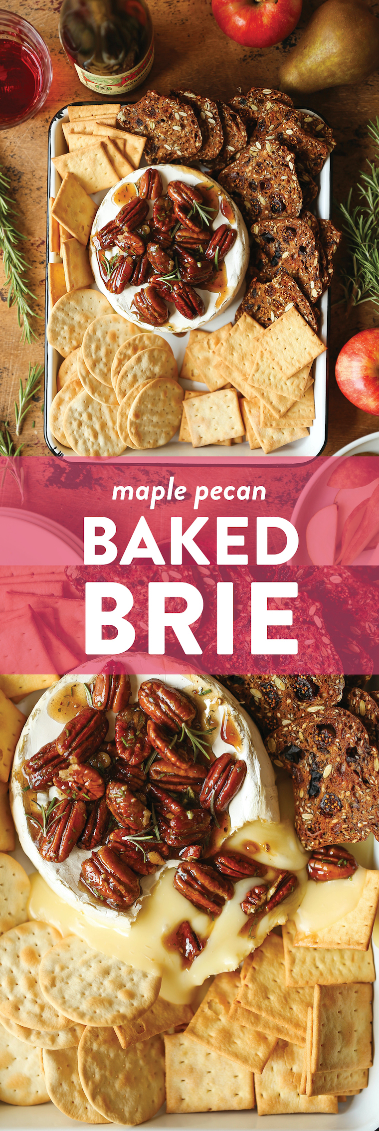Maple Pecan Baked Brie - Easiest 4 ingredient party appetizer! Served with a heavenly warm maple pecan mixture on top. A holiday favorite!