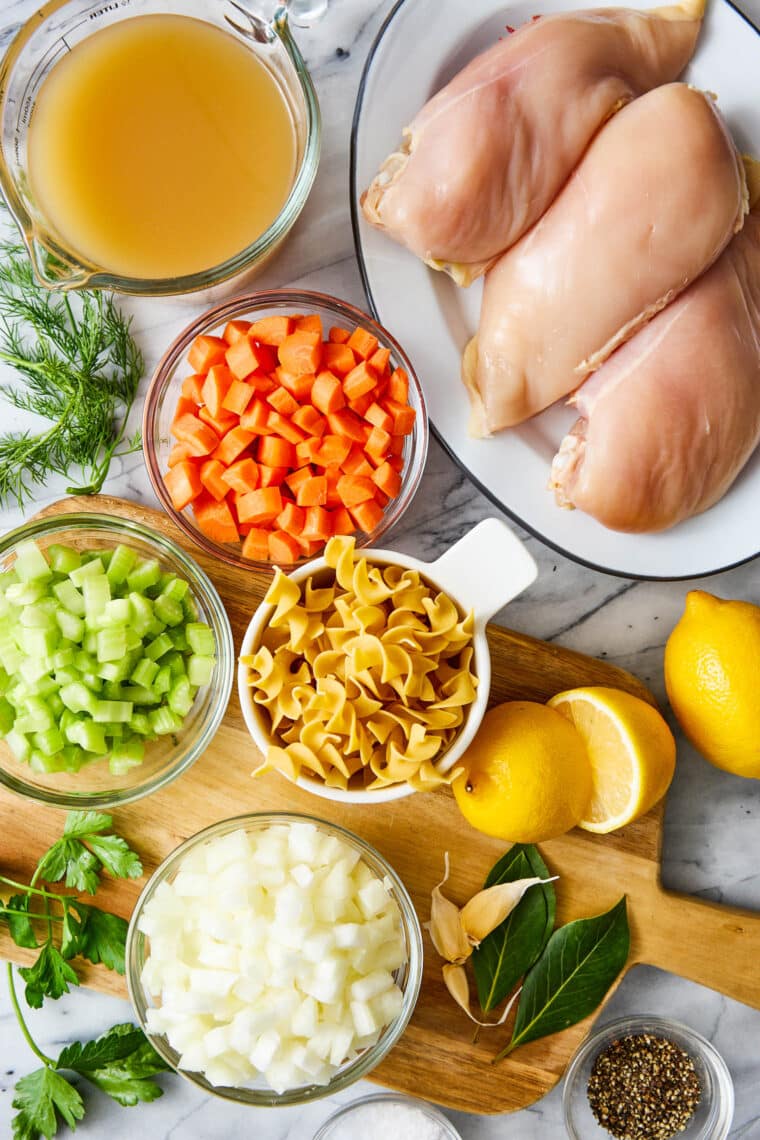 Close-up of chicken noodle soup in a Dutch oven with carrots, celery, and herbs