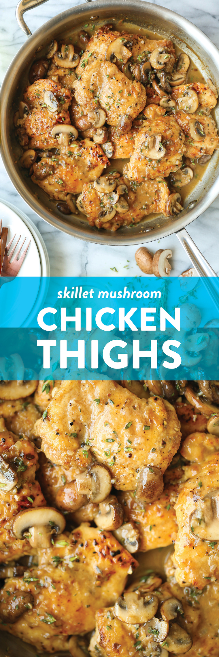 Skillet Mushroom Chicken Thighs - Golden brown, super juicy, tender chicken smothered in a garlicky, mushroom butter sauce. So quick so good!