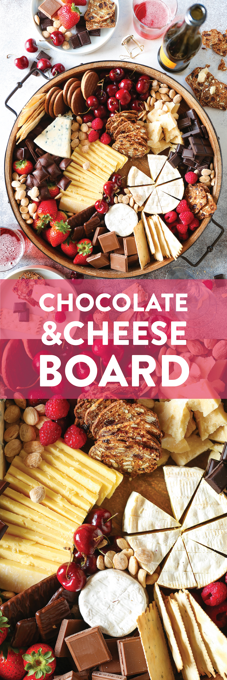 Chocolate and Cheese Board - Dark chocolate, cheeses, crackers, cherries + fresh berries. The most epic dessert cheese board for any date or get-together!