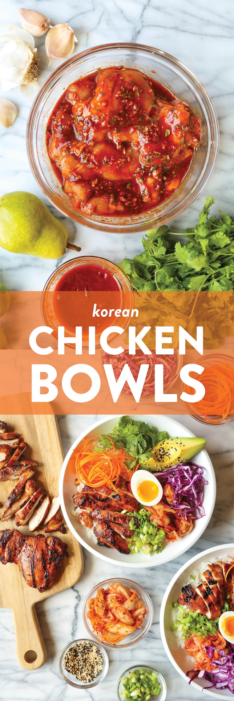 Korean Chicken Bowls - Juicy, flavorful Korean chicken bowls made with the easiest marinade ever! Serve with your choice of grain/rice and desired toppings!