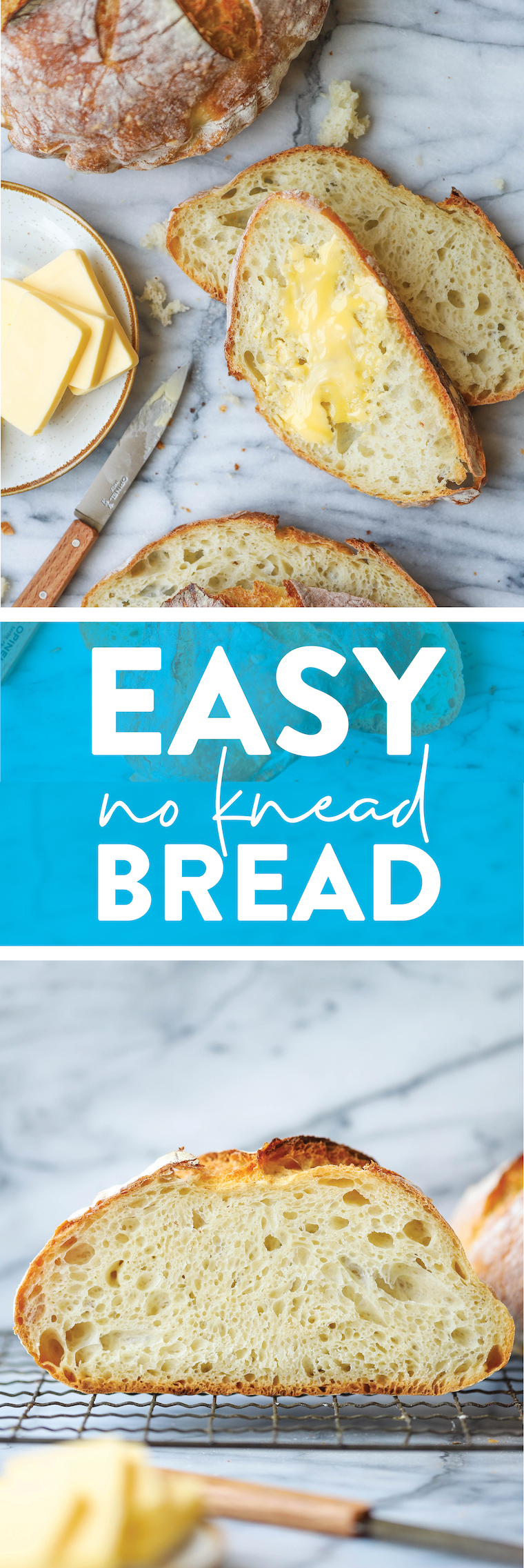 Easy No Knead Bread - FOOL-PROOF and only 4-ingredients! So hearty and rustic with the most amazing crust - so fluffy, soft + chewy inside.