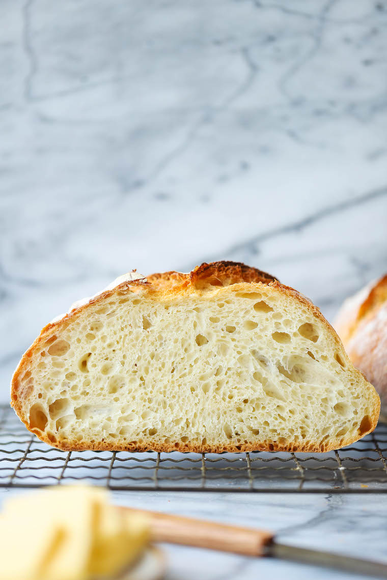 Easy No Knead Bread - FOOL-PROOF and only 4-ingredients! So hearty and rustic with the most amazing crust - so fluffy, soft + chewy inside.