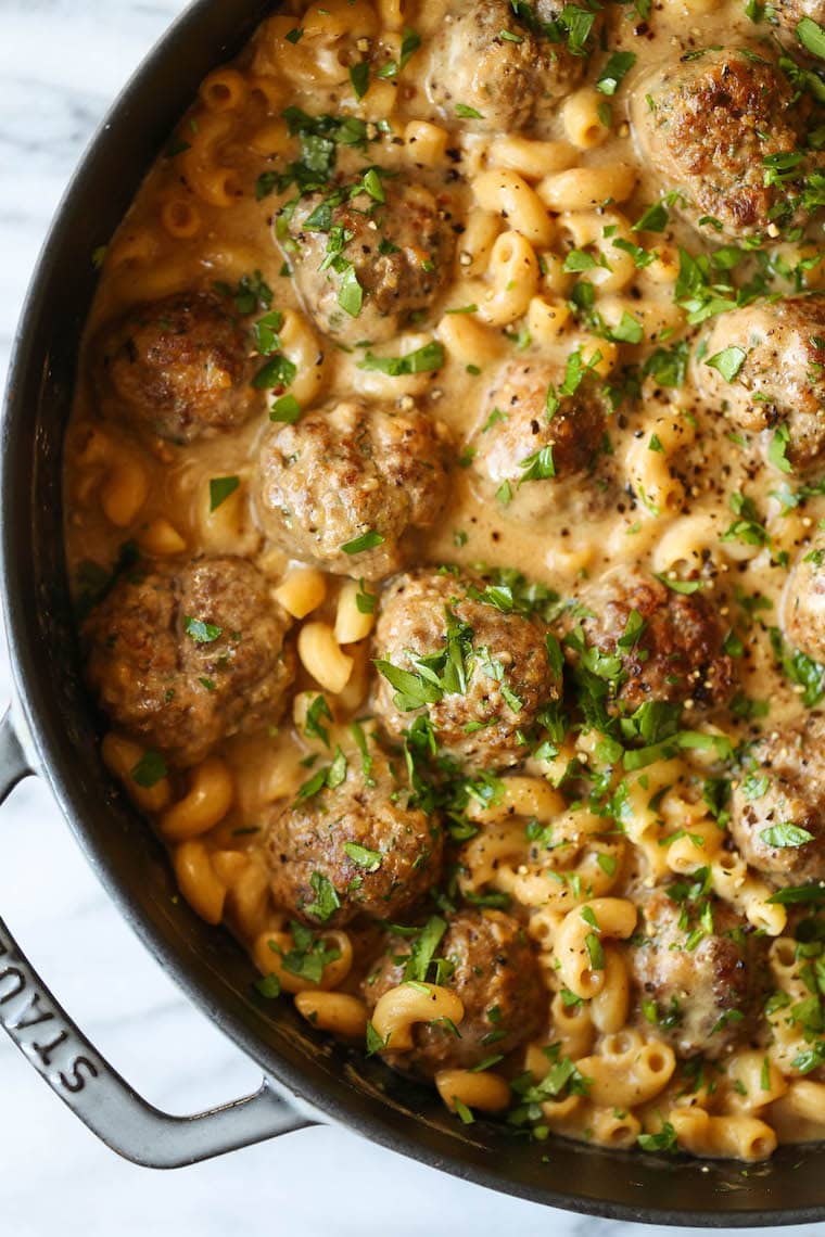 Swedish Meatball Pasta - Everyone's favorite Swedish meatballs with pasta tossed right into that cream sauce goodness. So heavenly, so good!