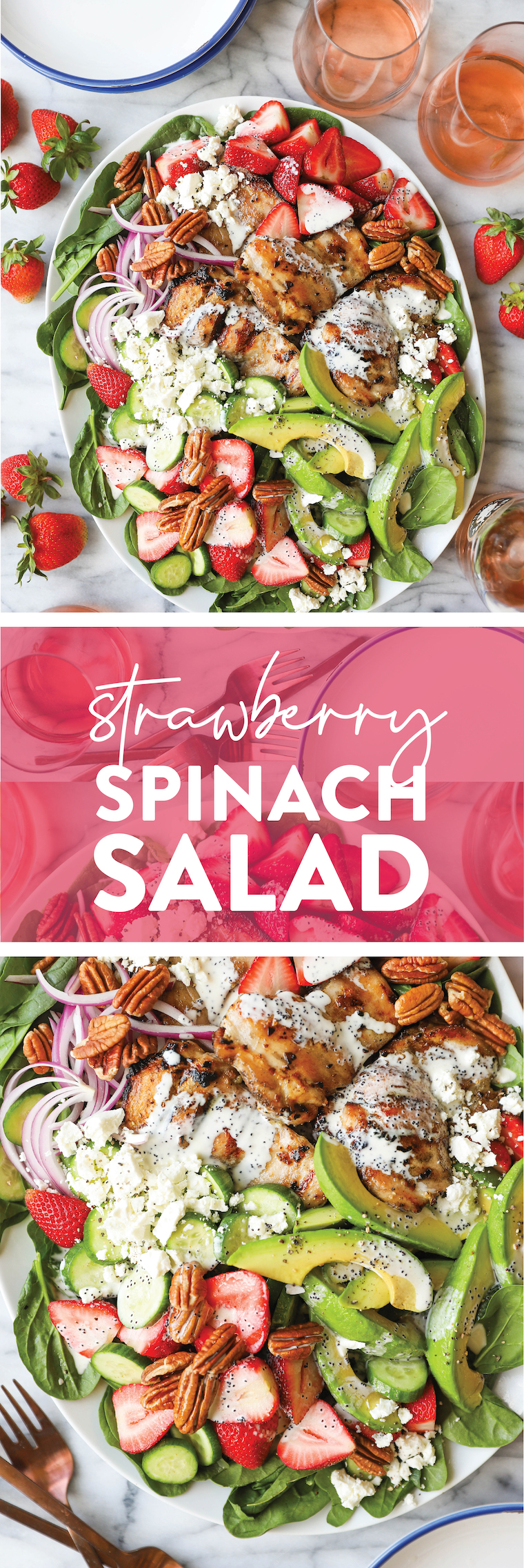 Strawberry Spinach Salad - A crowd favorite! Loaded with baby spinach, fresh strawberries, juicy, tender chicken thighs + the dreamiest poppy seed dressing!