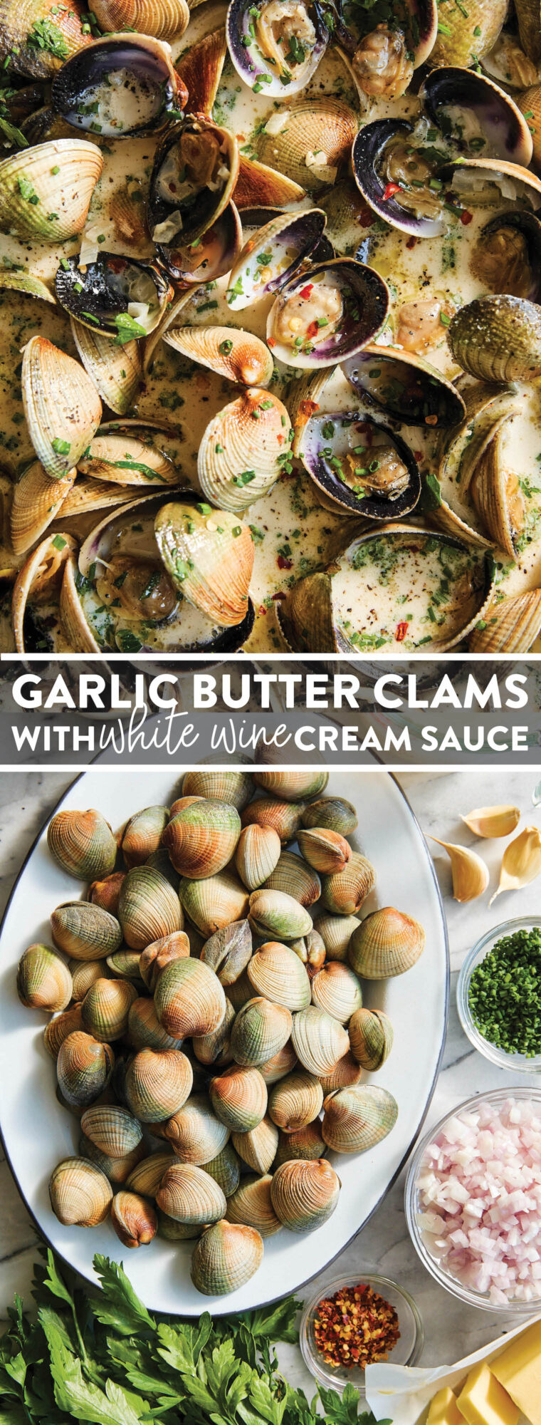 Garlic Butter Clams with White Wine Cream Sauce - The BEST steamed clams ever! So garlicky and buttery, served with a heavenly cream sauce!