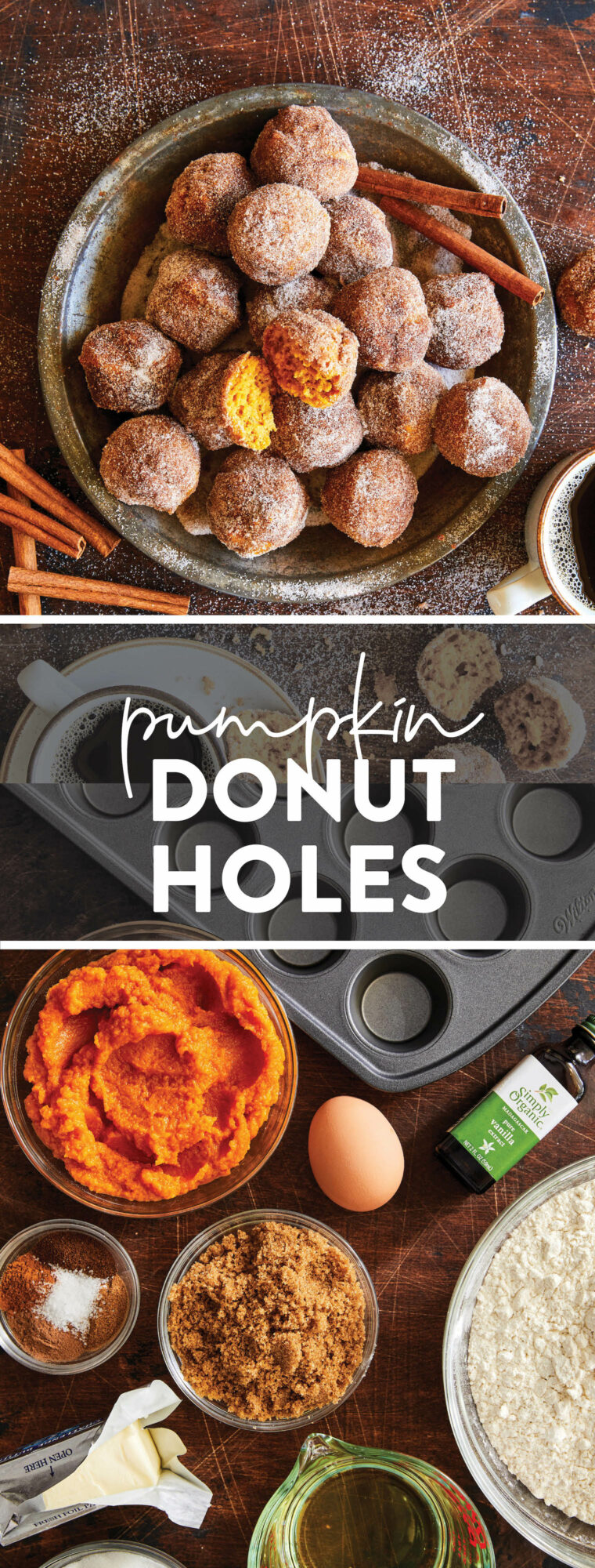 Pumpkin Donut Holes - The most irresistible mini pumpkin muffins smothered in cinnamon sugar goodness! Perfect for breakfast, lunch + dinner!