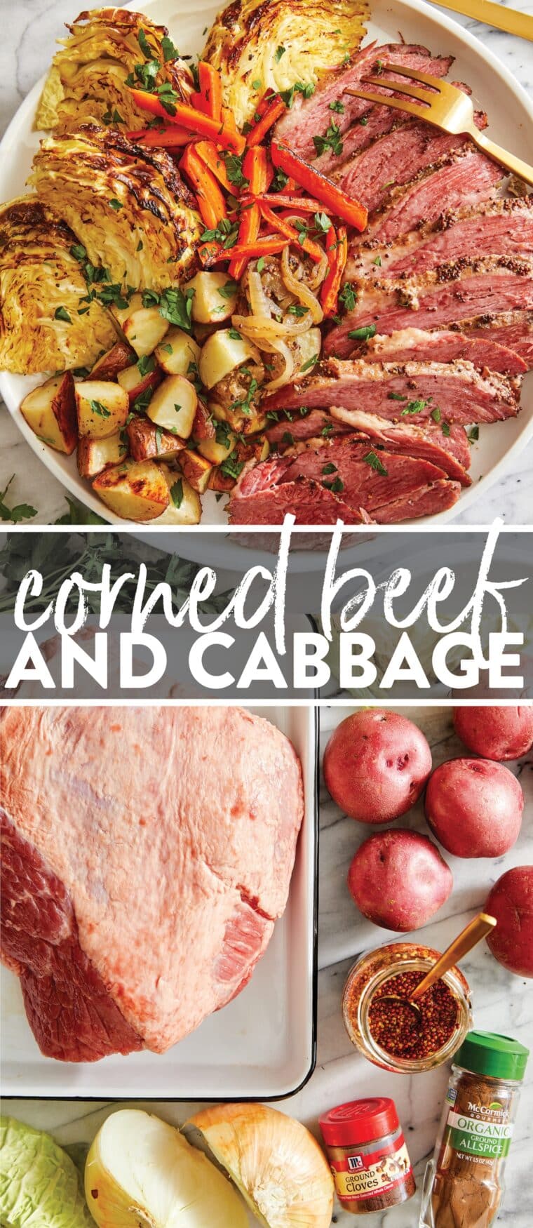 Corned Beef and Cabbage - THE BEST corned beef dinner with cabbage, potatoes and carrots, all roasted to perfection! Best served with mustard.