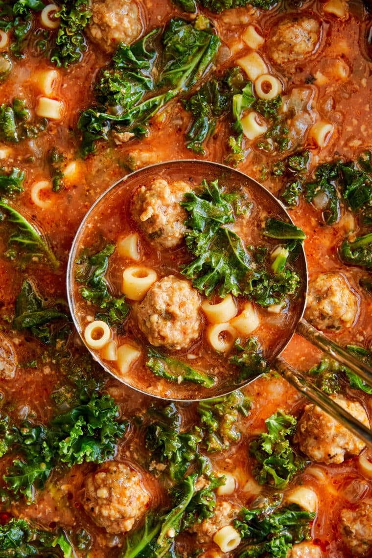 Italian Meatball Soup - The COZIEST soup with homemade, tender, juicy meatballs, little pasta noodles (ditalini pasta) and sneaked in greens!