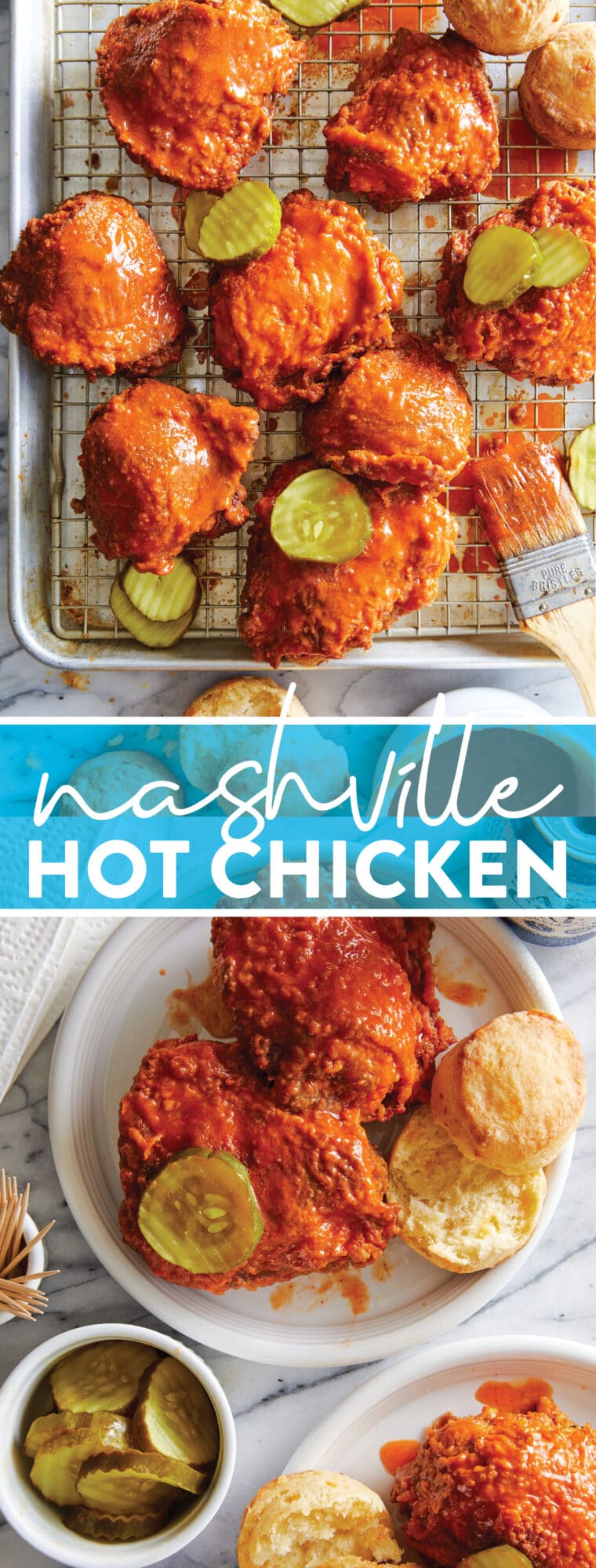 Nashville Hot Chicken - The most perfect crisp, crunchy, saucy fried chicken. Served with a buttery hot sauce, biscuits + dill pickle chips!