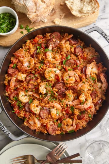 Easy jambalaya recipe with shrimp, sausage, peppers, and rice in one pot