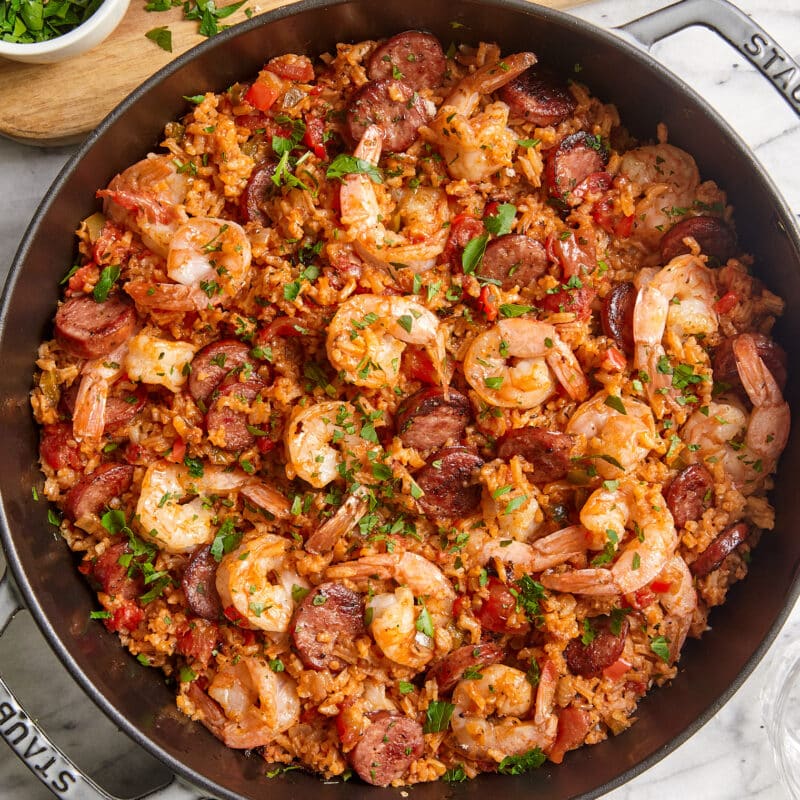 Easy jambalaya recipe with shrimp, sausage, peppers, and rice in one pot