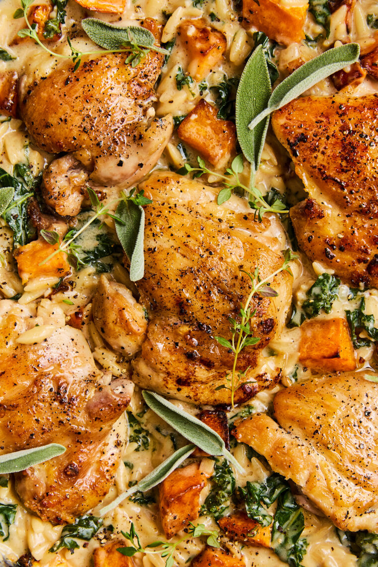 Chicken and Butternut Squash Orzo - Best kind of weeknight meal! Tender chicken, roasted butternut squash, creamy orzo and sneaked in greens!