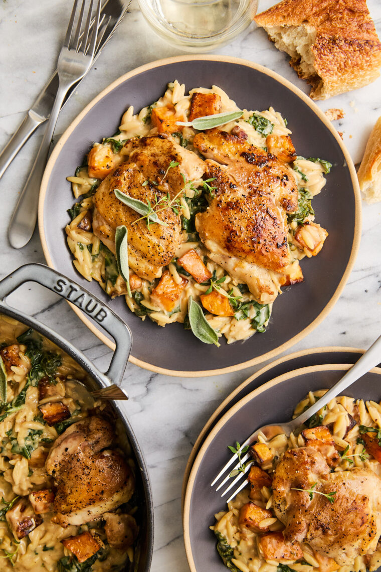 Chicken and Butternut Squash Orzo - Best kind of weeknight meal! Tender chicken, roasted butternut squash, creamy orzo and sneaked in greens!