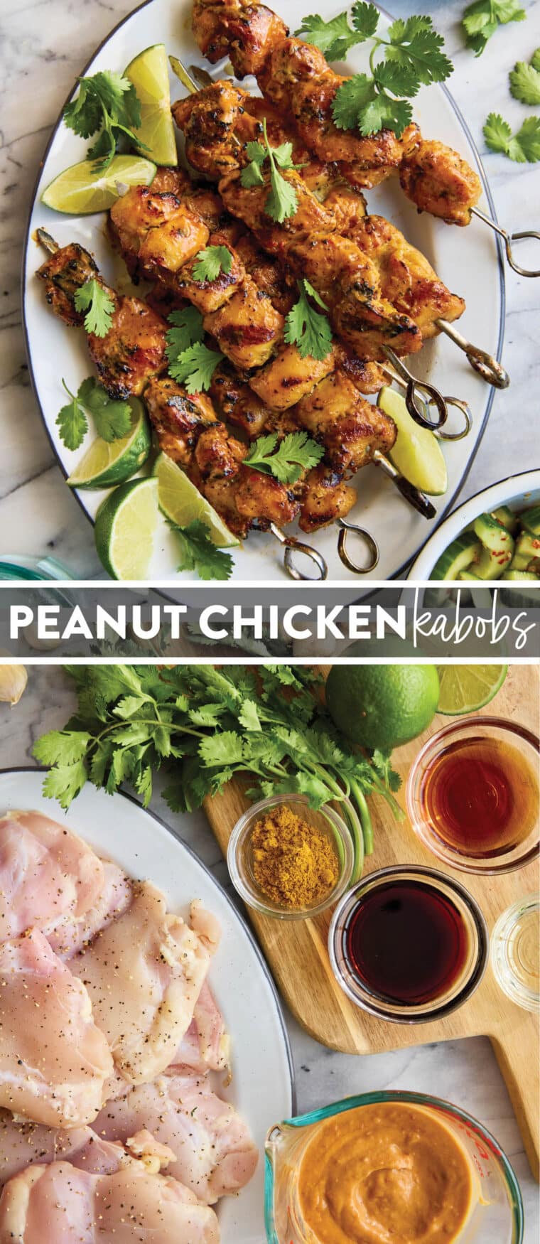 Peanut Chicken Kabobs - Moist, tender, juicy chicken! The most flavorful and easy marinade. Served with the creamiest, dreamiest peanut sauce!