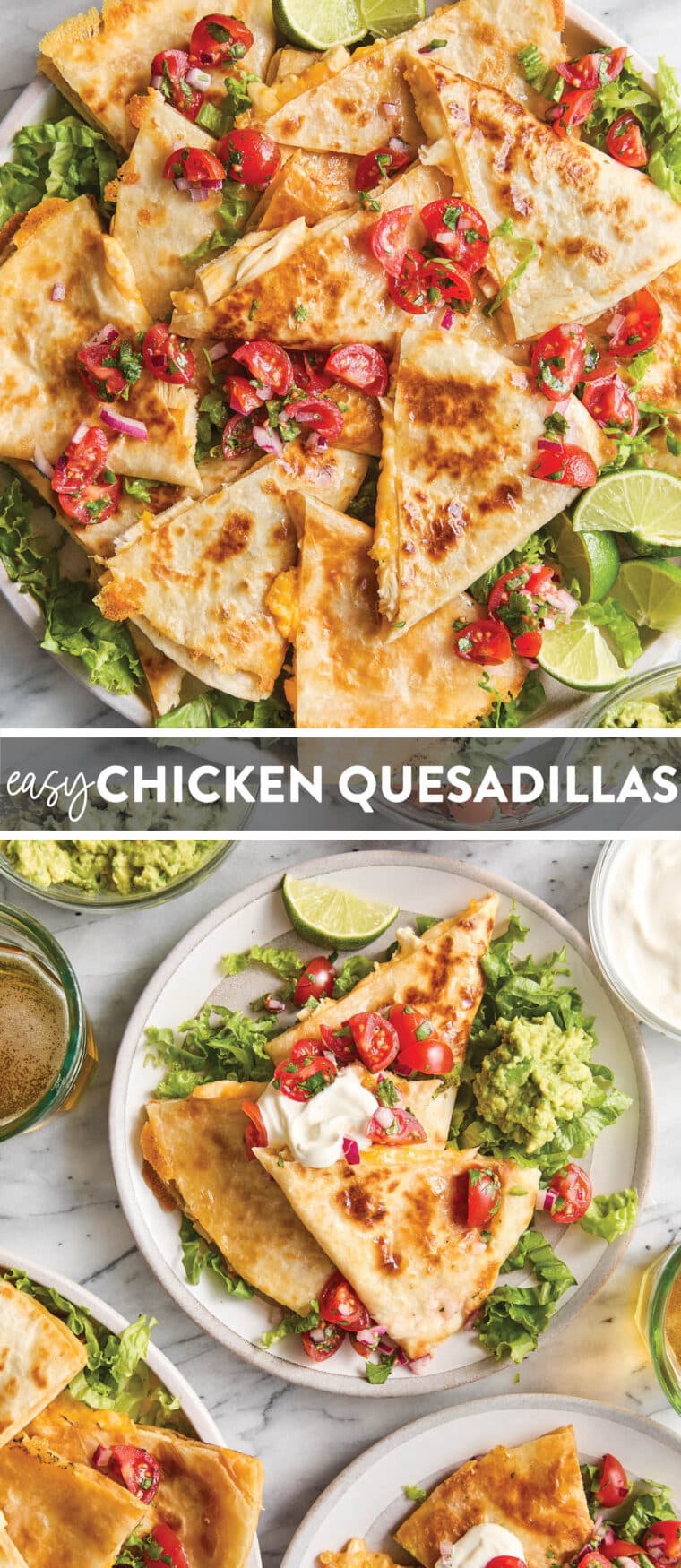 Easy Chicken Quesadillas - The best cheesy quesadillas! Golden brown crispy on the outside, perfectly melted on the inside. A 20 min recipe!
