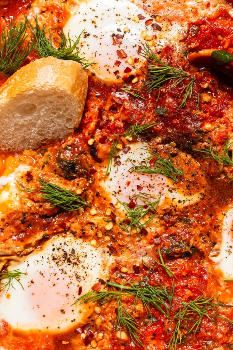 Eggs in Purgatory - An easy, rustic, one pan dish with eggs poached in a rich, savory, garlicky tomato sauce. Best served with all the crusty bread for dunking!