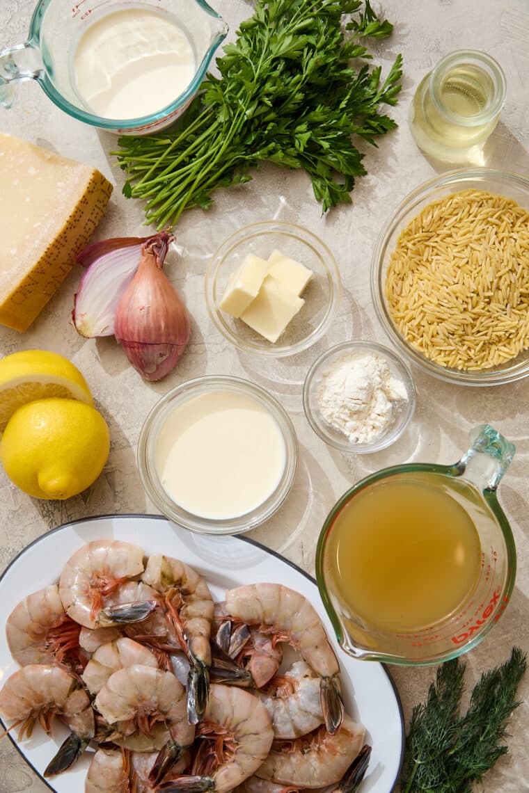 One Pot Garlic Butter Shrimp and Orzo - A cozy, quick-cooking one pot meal with juicy shrimp and the dreamiest, most velvety, creamy orzo. Made in 40 min! So easy, so so good.