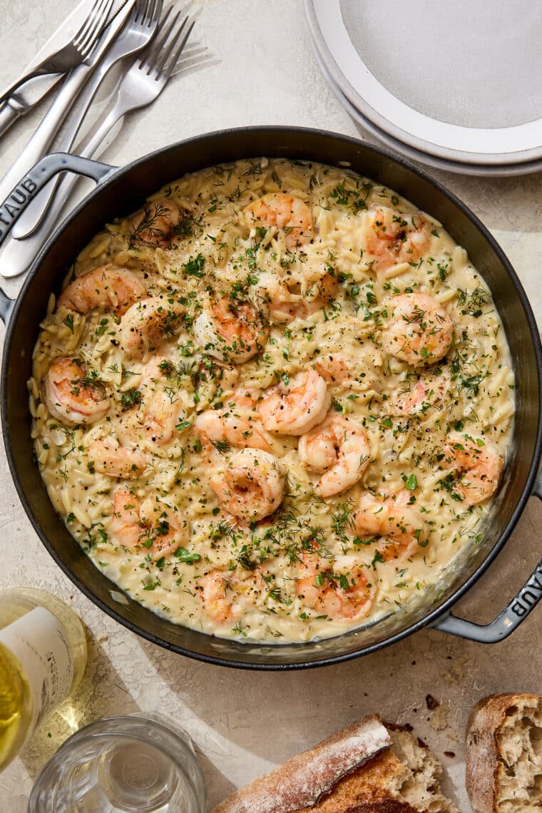 One Pot Garlic Butter Shrimp and Orzo - A cozy, quick-cooking one pot meal with juicy shrimp and the dreamiest, most velvety, creamy orzo. Made in 40 min! So easy, so so good.