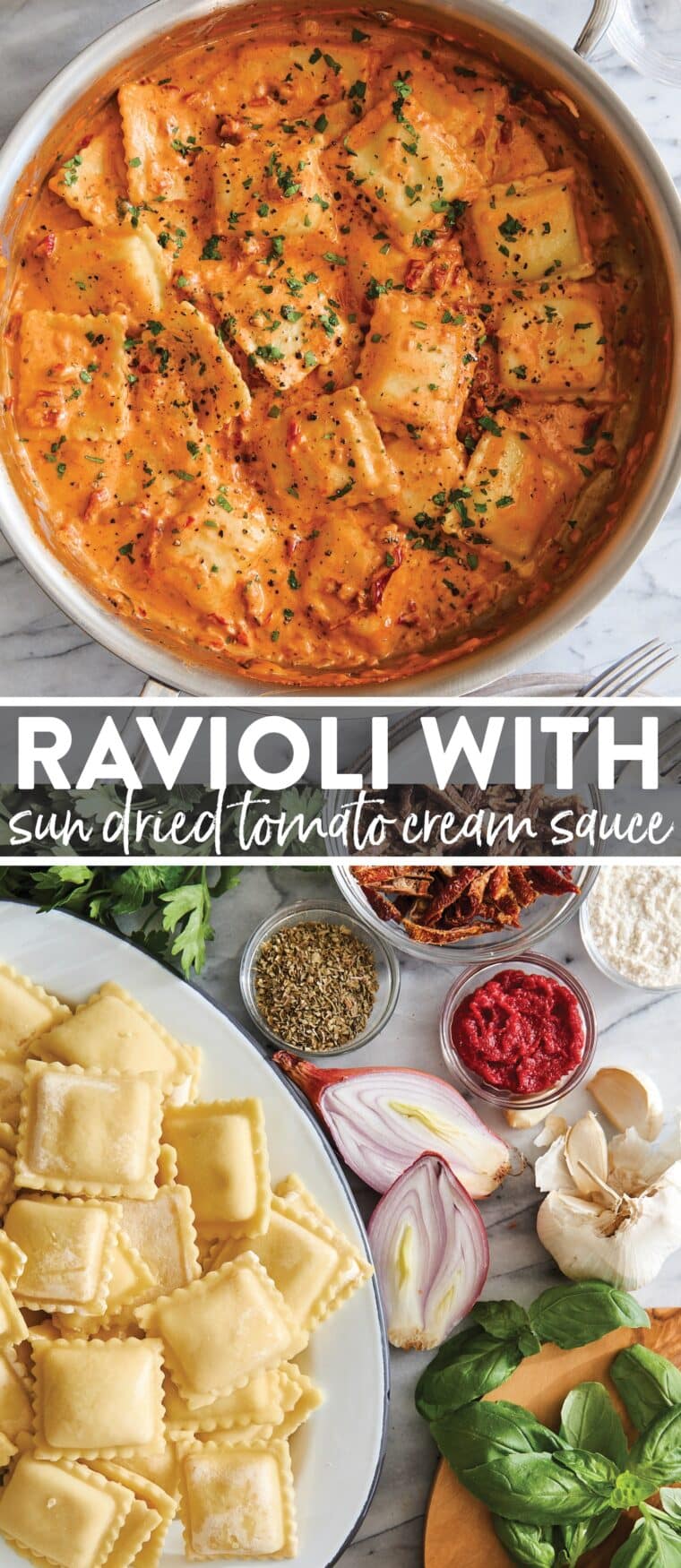 Pillow-y ravioli with the dreamiest, most velvety sun dried tomato cream sauce! A 30-minute weeknight dinner yet fancy enough for company!