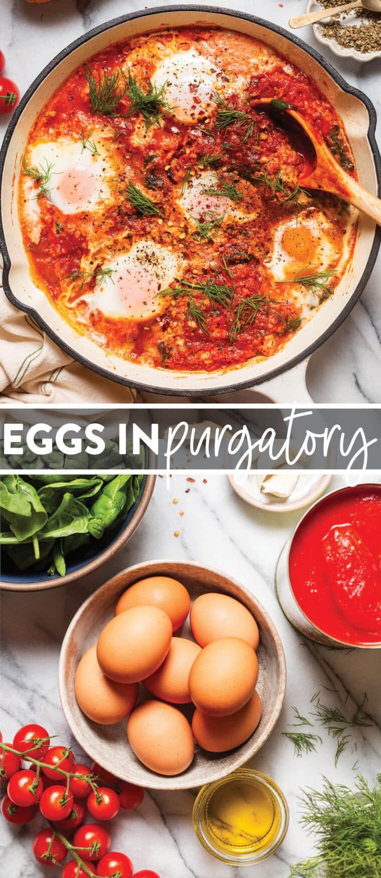 Eggs in Purgatory - An easy, rustic, one pan dish with eggs poached in a rich, savory, garlicky tomato sauce. Best served with all the crusty bread for dunking!